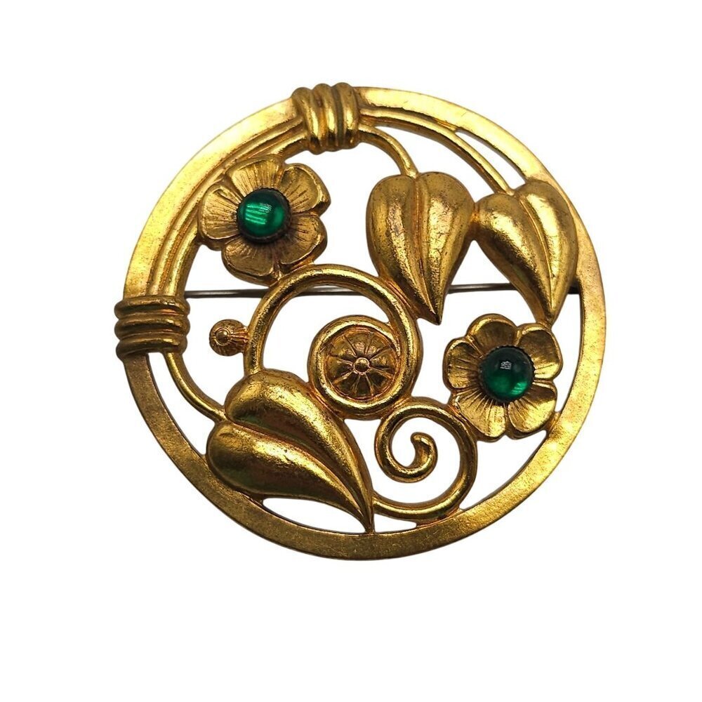 Vintage Gold Tone Floral Round Brooch With Green Glass Cabochon Accents